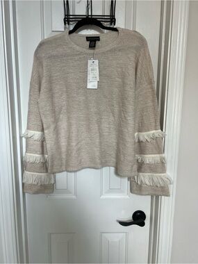 Design365 Cream Fringe-Trim Boxy Sweater